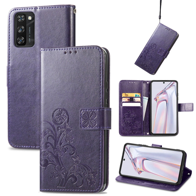 For Blackview A100 Four-leaf Clasp Embossed Buckle Mobile Phone Protection Leather Case with Lanyard & Card Slot & Wallet & Bracket Function