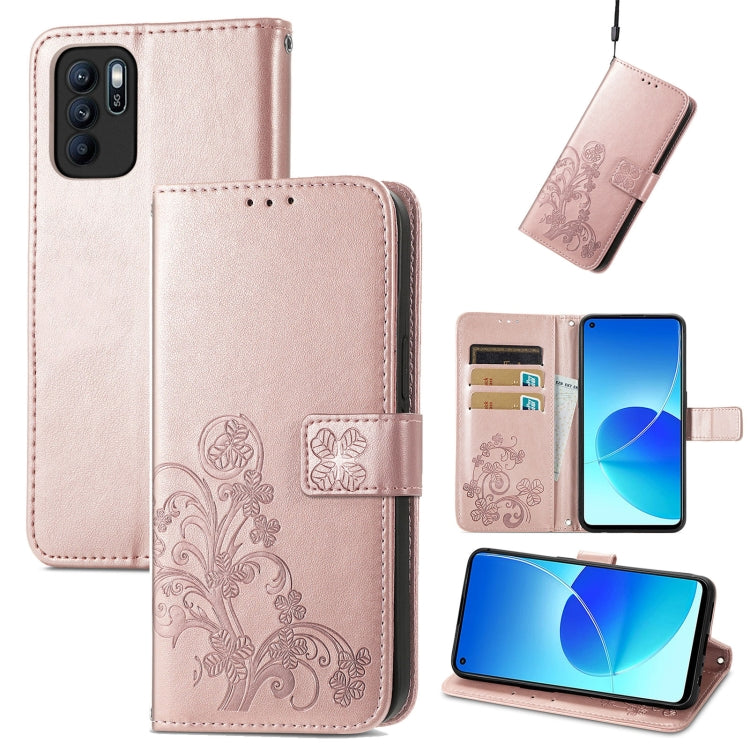 For OPPO Reno6 Z Four-leaf Clasp Embossed Buckle Mobile Phone Protection Leather Case with Lanyard & Card Slot & Wallet & Bracket Function