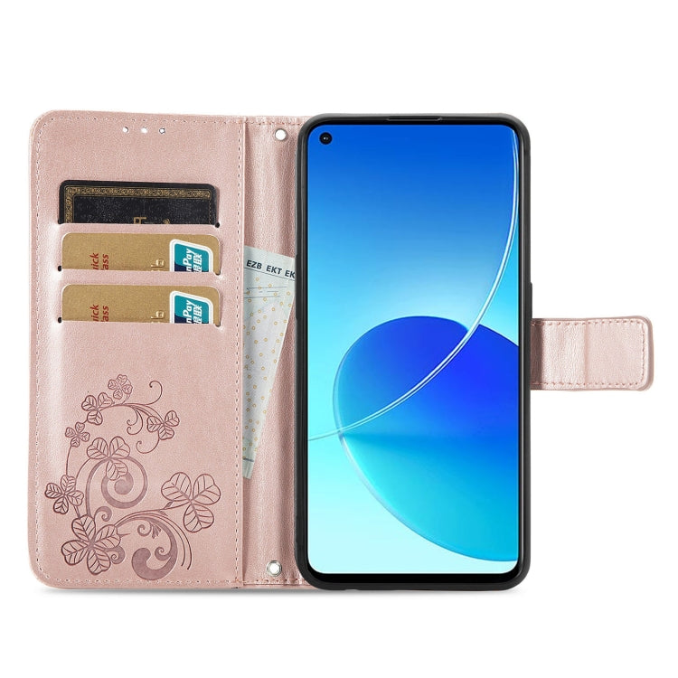 For OPPO Reno6 Z Four-leaf Clasp Embossed Buckle Mobile Phone Protection Leather Case with Lanyard & Card Slot & Wallet & Bracket Function