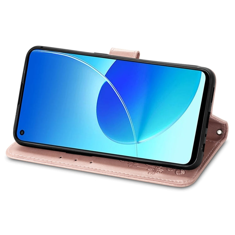 For OPPO Reno6 Z Four-leaf Clasp Embossed Buckle Mobile Phone Protection Leather Case with Lanyard & Card Slot & Wallet & Bracket Function