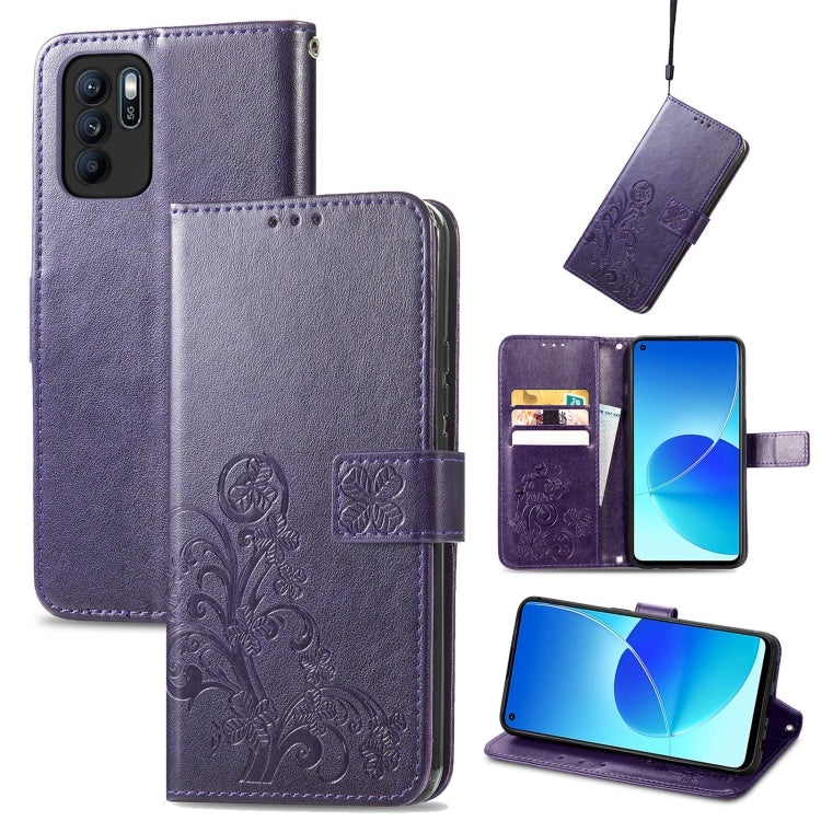 For OPPO Reno6 Z Four-leaf Clasp Embossed Buckle Mobile Phone Protection Leather Case with Lanyard & Card Slot & Wallet & Bracket Function