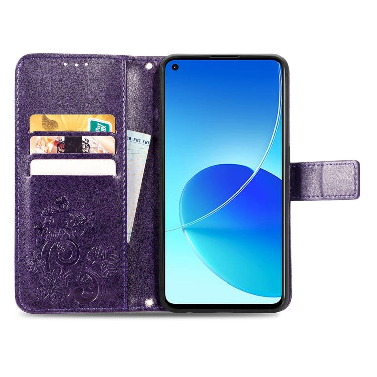 For OPPO Reno6 Z Four-leaf Clasp Embossed Buckle Mobile Phone Protection Leather Case with Lanyard & Card Slot & Wallet & Bracket Function