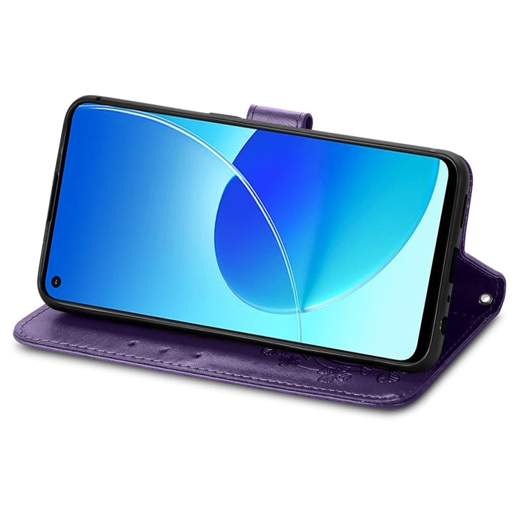 For OPPO Reno6 Z Four-leaf Clasp Embossed Buckle Mobile Phone Protection Leather Case with Lanyard & Card Slot & Wallet & Bracket Function