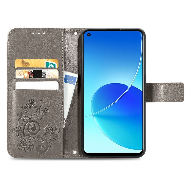 For OPPO Reno6 Z Four-leaf Clasp Embossed Buckle Mobile Phone Protection Leather Case with Lanyard & Card Slot & Wallet & Bracket Function