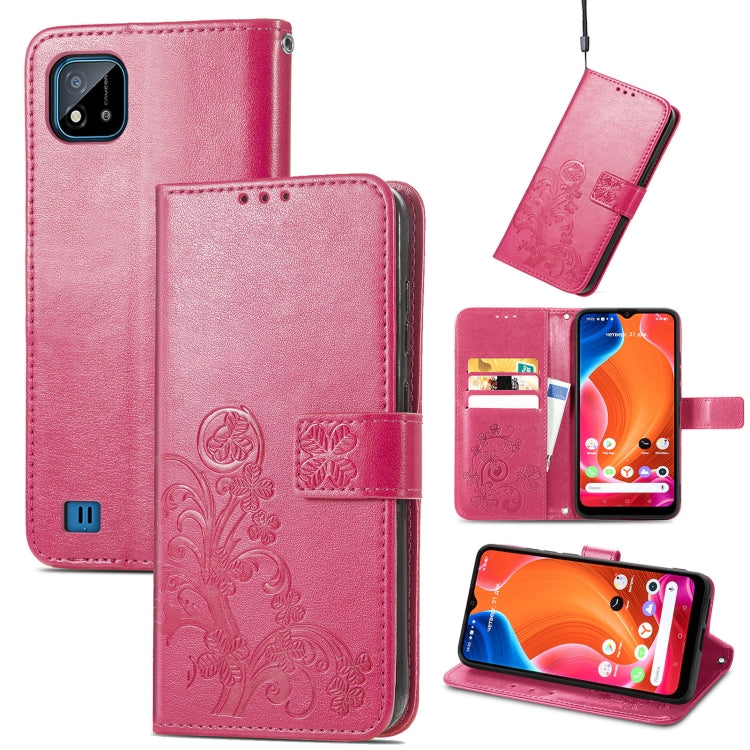For OPPO Realme C20 Four-leaf Clasp Embossed Buckle Mobile Phone Protection Leather Case with Lanyard & Card Slot & Wallet & Bracket Function
