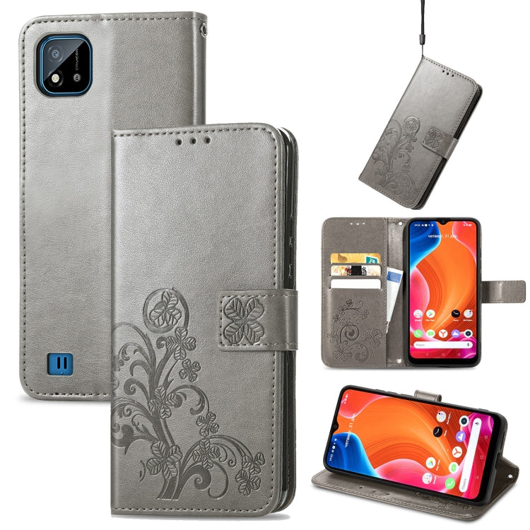 For OPPO Realme C20 Four-leaf Clasp Embossed Buckle Mobile Phone Protection Leather Case with Lanyard & Card Slot & Wallet & Bracket Function