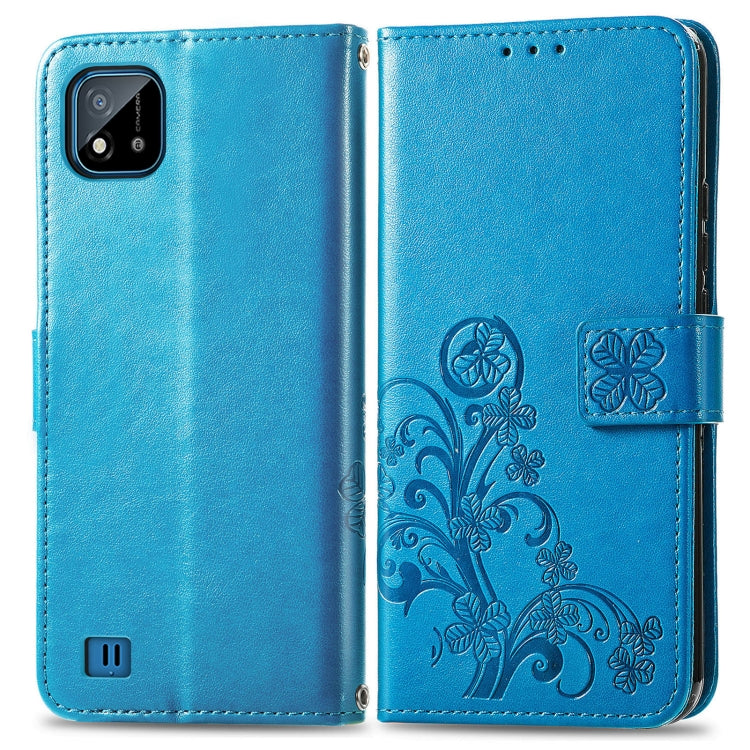 For OPPO Realme C20 Four-leaf Clasp Embossed Buckle Mobile Phone Protection Leather Case with Lanyard & Card Slot & Wallet & Bracket Function