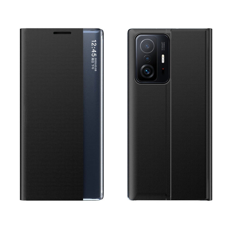 For Xiaomi Mi 11T / 11T Pro Side Window Display Magnetic Suction Plain Grain Flip PU Leather + PC Case with Holder