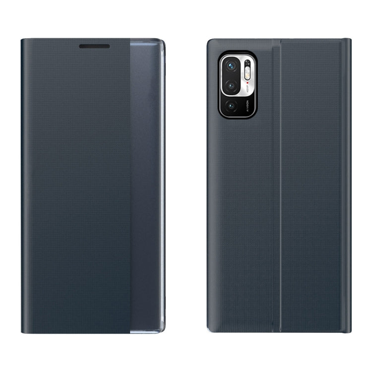 For Xiaomi Redmi Note 10 5G / Poco M3 Pro Side Window Display Magnetic Suction Plain Grain Flip PU Leather + PC Case with Holder