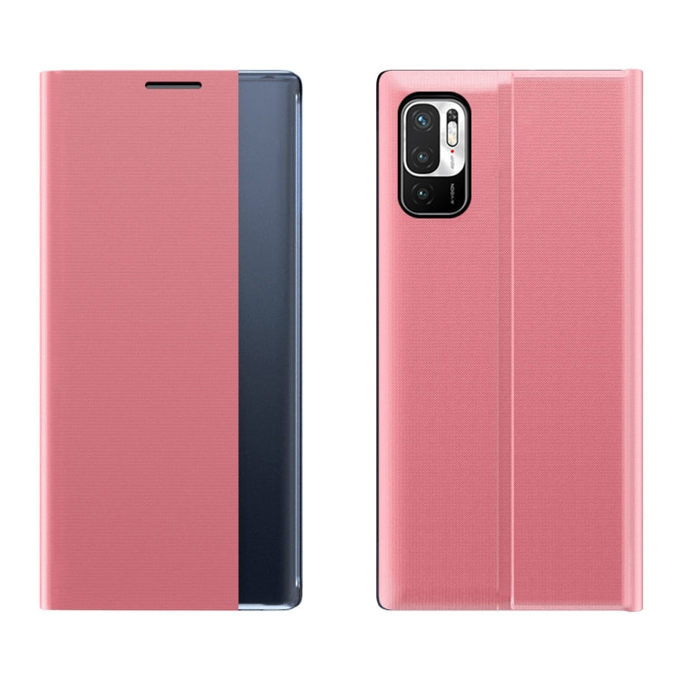 For Xiaomi Redmi Note 10 5G / Poco M3 Pro Side Window Display Magnetic Suction Plain Grain Flip PU Leather + PC Case with Holder