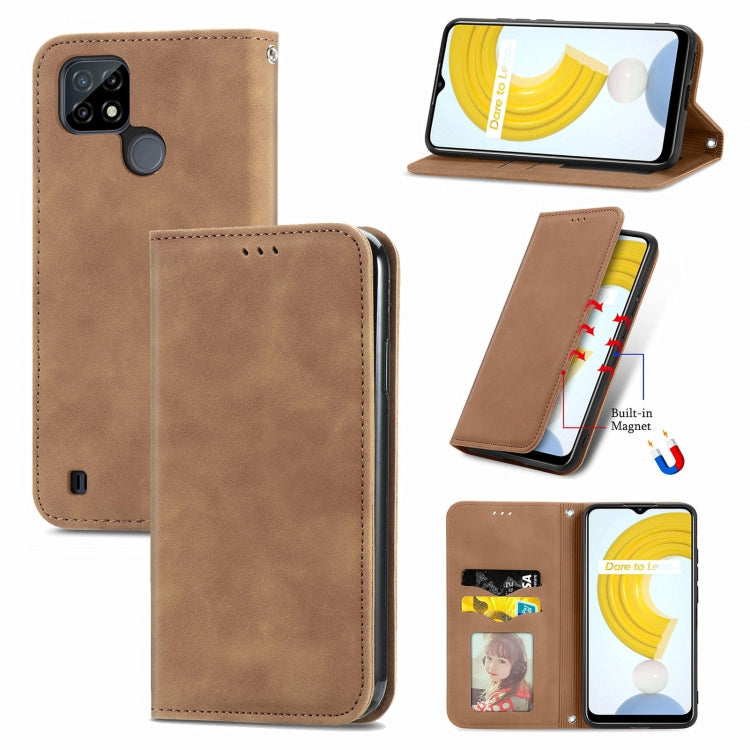 For OPPO Realme C21Y Retro Skin Feel Magnetic Horizontal Flip Leather Case With Holder & Card Slots & Wallet & Photo Frame
