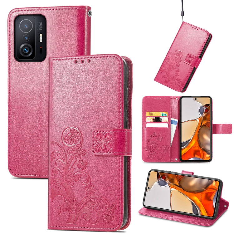 For Xiaomi Mi 11T / 11T Pro Four-leaf Clasp Embossed Leather Case with Lanyard & Card Slot & Wallet & Holder