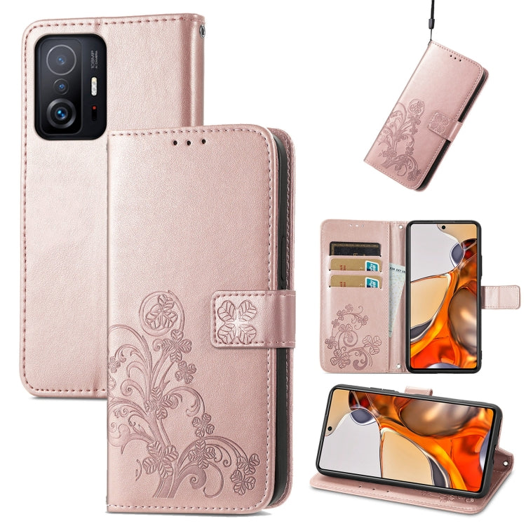 For Xiaomi Mi 11T / 11T Pro Four-leaf Clasp Embossed Leather Case with Lanyard & Card Slot & Wallet & Holder