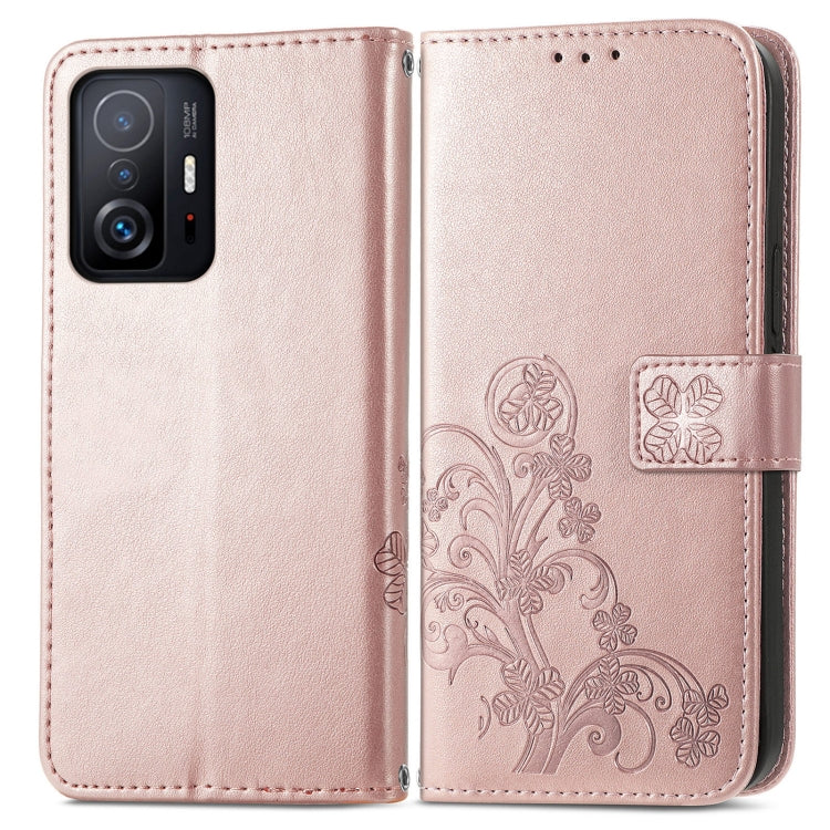 For Xiaomi Mi 11T / 11T Pro Four-leaf Clasp Embossed Leather Case with Lanyard & Card Slot & Wallet & Holder