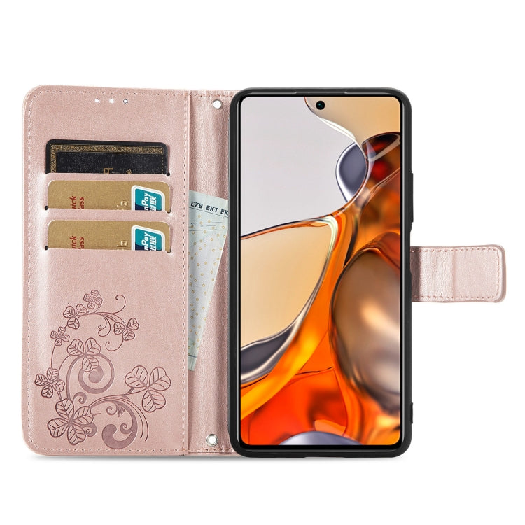 For Xiaomi Mi 11T / 11T Pro Four-leaf Clasp Embossed Leather Case with Lanyard & Card Slot & Wallet & Holder