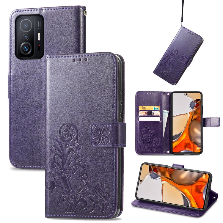 For Xiaomi Mi 11T / 11T Pro Four-leaf Clasp Embossed Leather Case with Lanyard & Card Slot & Wallet & Holder