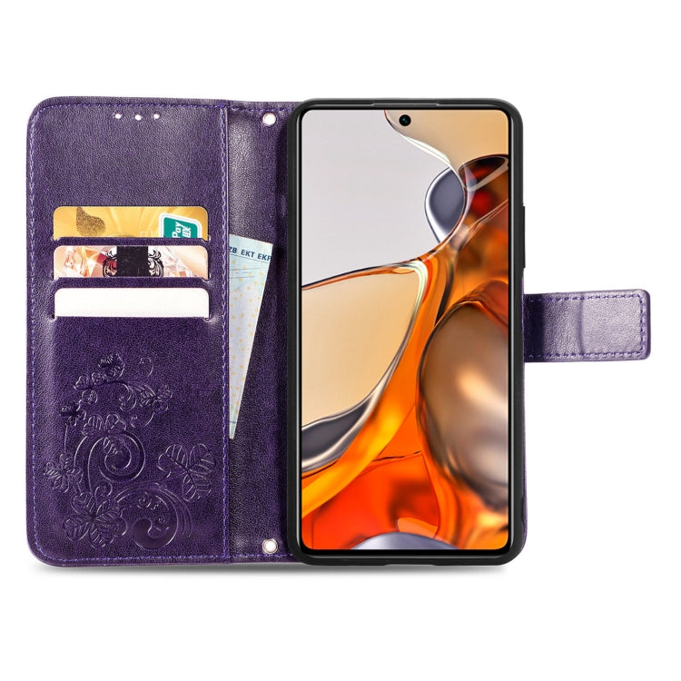For Xiaomi Mi 11T / 11T Pro Four-leaf Clasp Embossed Leather Case with Lanyard & Card Slot & Wallet & Holder