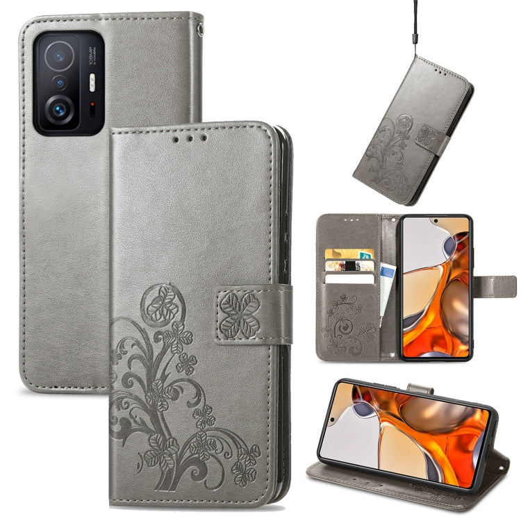 For Xiaomi Mi 11T / 11T Pro Four-leaf Clasp Embossed Leather Case with Lanyard & Card Slot & Wallet & Holder