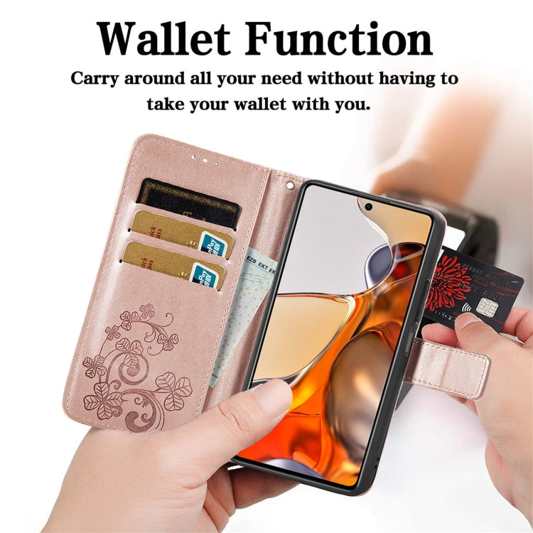 For Xiaomi Mi 11T / 11T Pro Four-leaf Clasp Embossed Leather Case with Lanyard & Card Slot & Wallet & Holder