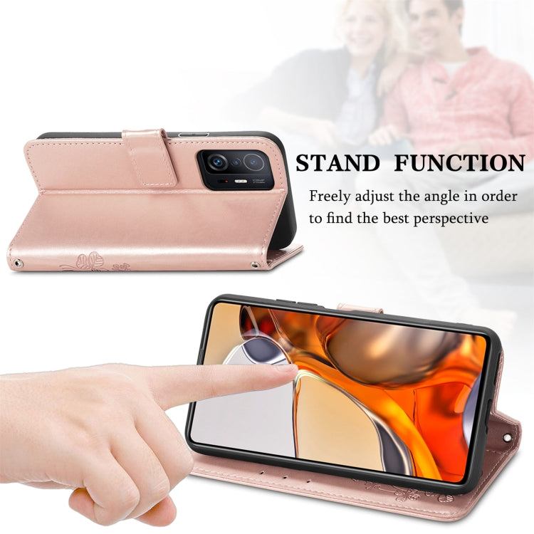 For Xiaomi Mi 11T / 11T Pro Four-leaf Clasp Embossed Leather Case with Lanyard & Card Slot & Wallet & Holder