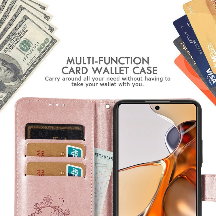 For Xiaomi Mi 11T / 11T Pro Four-leaf Clasp Embossed Leather Case with Lanyard & Card Slot & Wallet & Holder