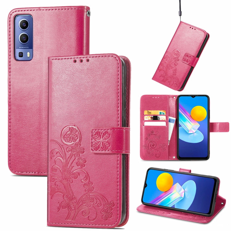 For vivo Y72 5G Four-leaf Clasp Embossed Leather Case with Lanyard & Card Slot & Wallet & Holder