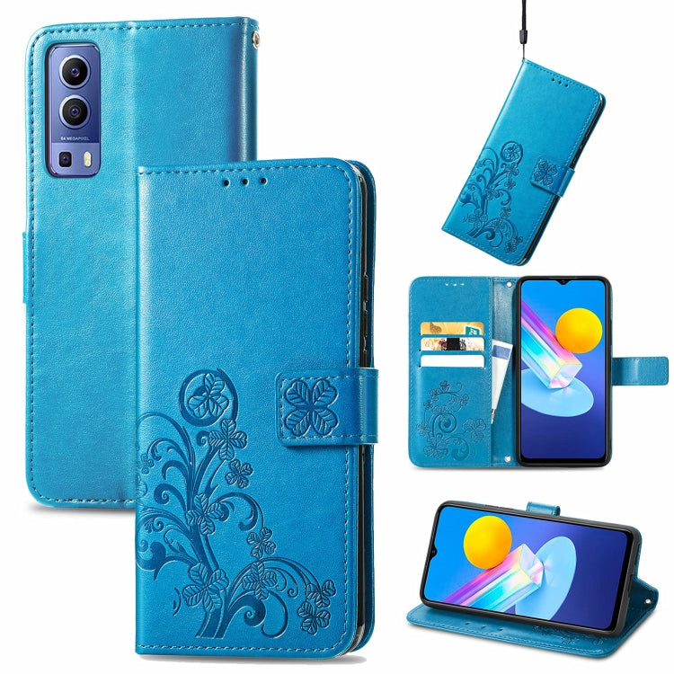For vivo Y72 5G Four-leaf Clasp Embossed Leather Case with Lanyard & Card Slot & Wallet & Holder
