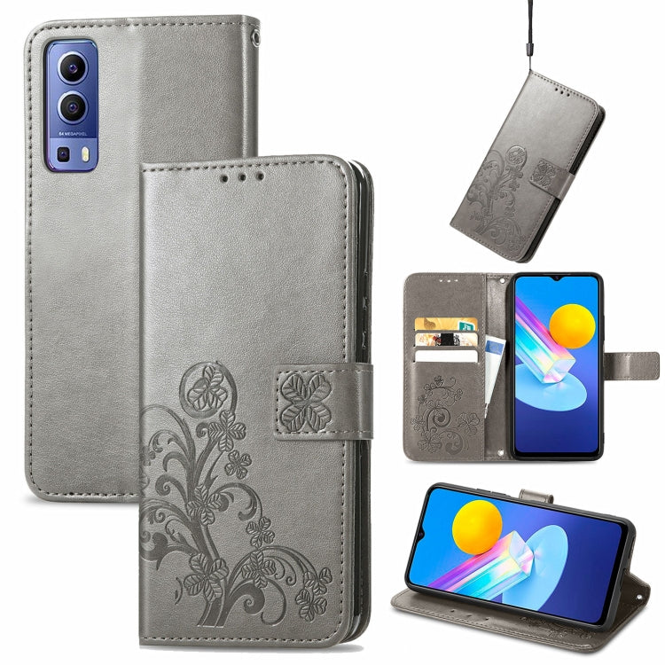 For vivo Y72 5G Four-leaf Clasp Embossed Leather Case with Lanyard & Card Slot & Wallet & Holder