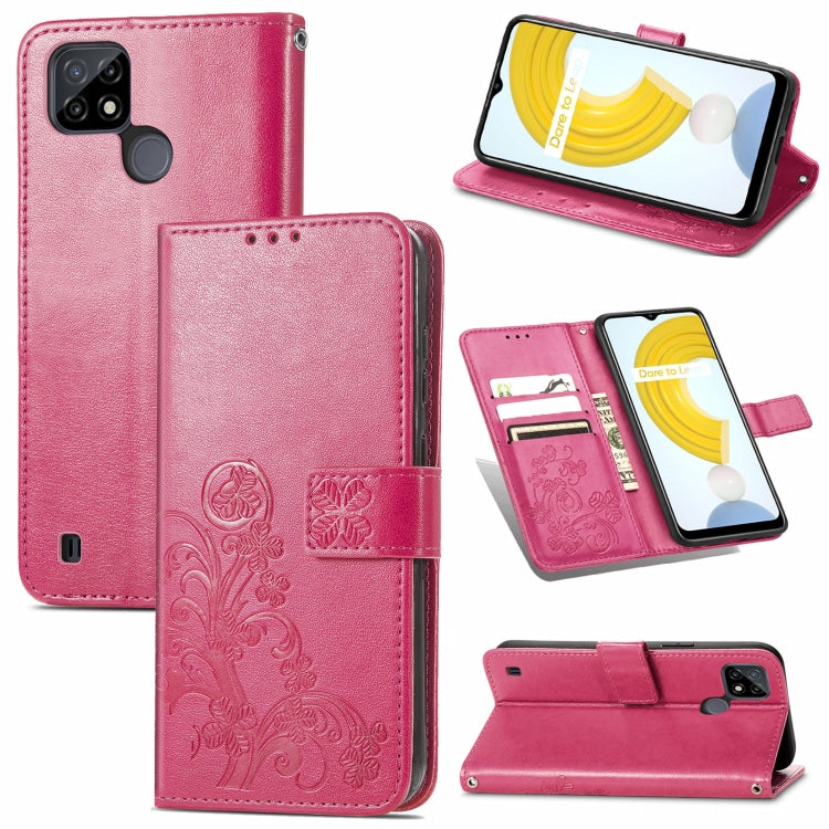 For OPPO Realme C21Y Four-leaf Clasp Embossed Leather Case with Lanyard & Card Slot & Wallet & Holder