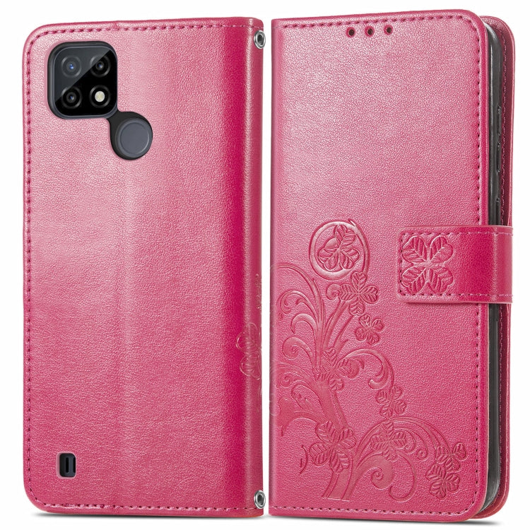 For OPPO Realme C21Y Four-leaf Clasp Embossed Leather Case with Lanyard & Card Slot & Wallet & Holder