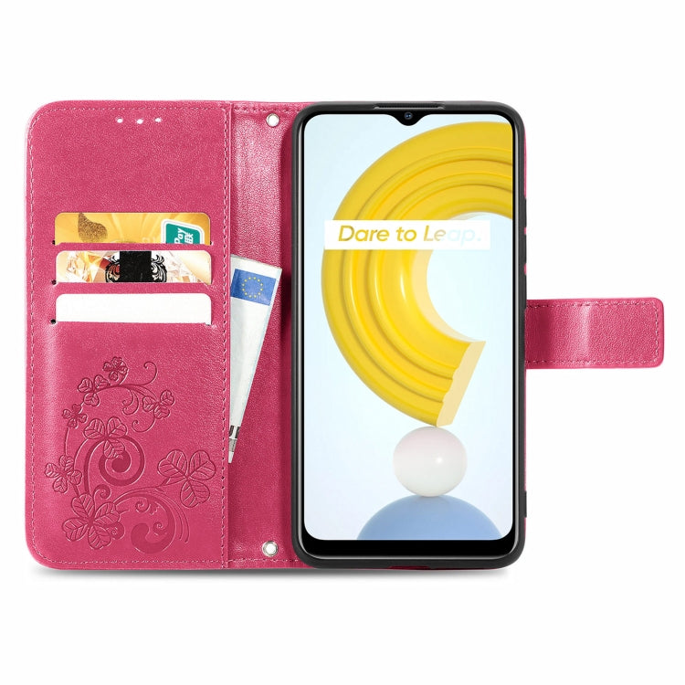 For OPPO Realme C21Y Four-leaf Clasp Embossed Leather Case with Lanyard & Card Slot & Wallet & Holder
