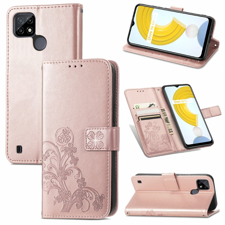 For OPPO Realme C21Y Four-leaf Clasp Embossed Leather Case with Lanyard & Card Slot & Wallet & Holder