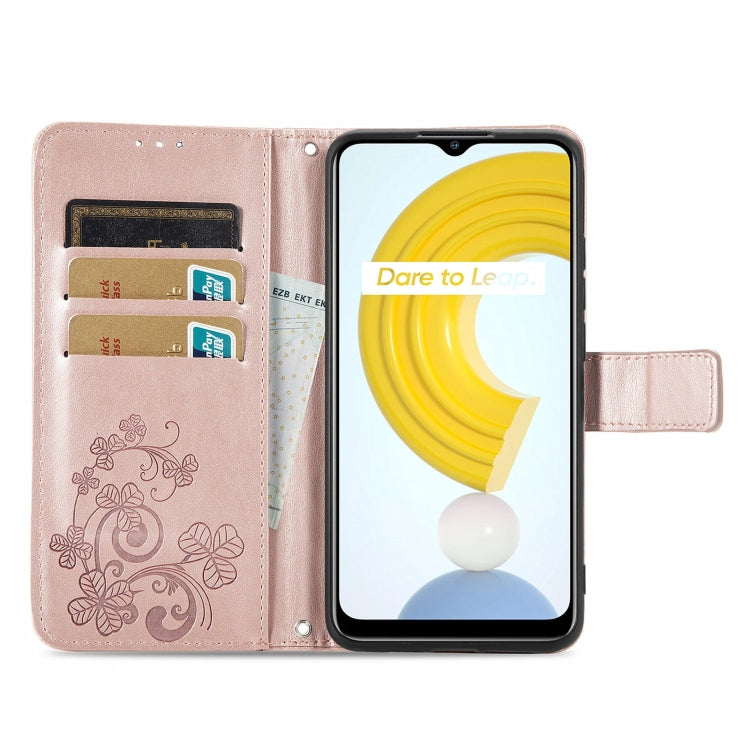 For OPPO Realme C21Y Four-leaf Clasp Embossed Leather Case with Lanyard & Card Slot & Wallet & Holder