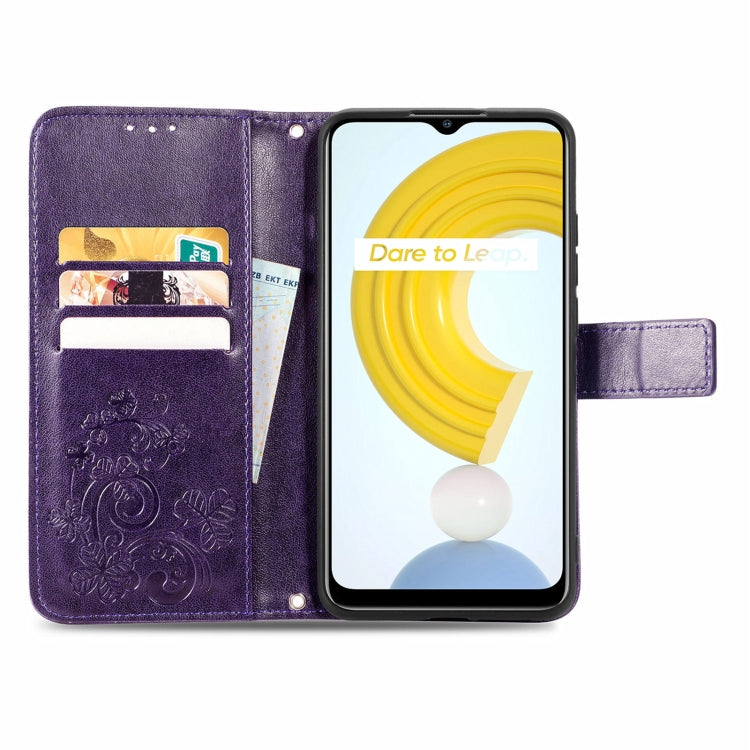 For OPPO Realme C21Y Four-leaf Clasp Embossed Leather Case with Lanyard & Card Slot & Wallet & Holder