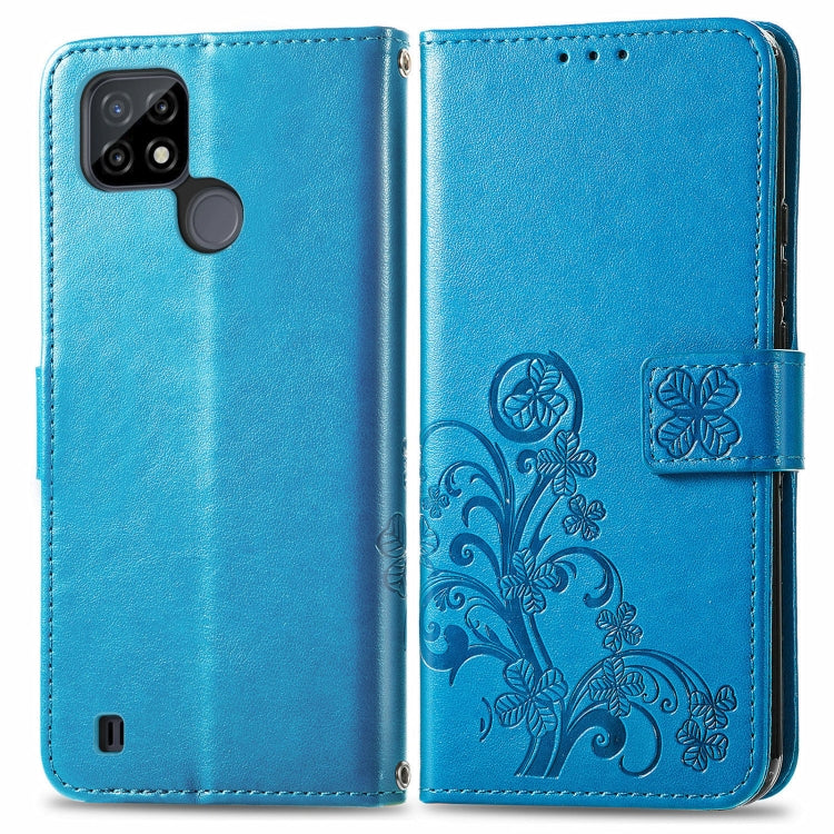 For OPPO Realme C21Y Four-leaf Clasp Embossed Leather Case with Lanyard & Card Slot & Wallet & Holder