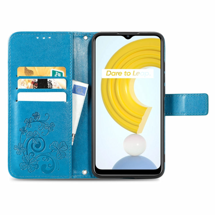 For OPPO Realme C21Y Four-leaf Clasp Embossed Leather Case with Lanyard & Card Slot & Wallet & Holder