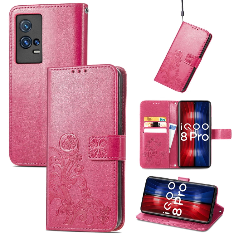 For vivo IQOO 8 Pro Four-leaf Clasp Embossed Leather Case with Lanyard & Card Slot & Wallet & Holder