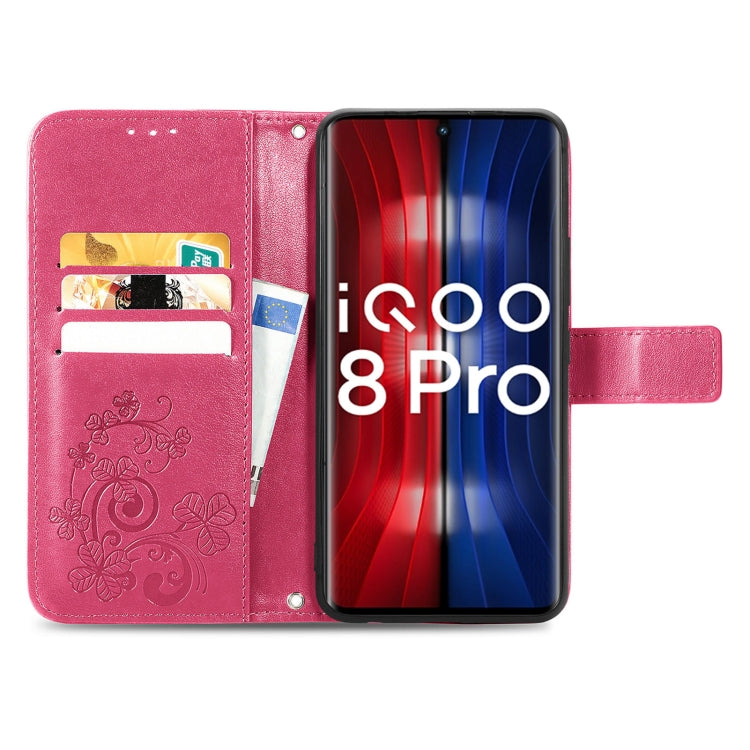 For vivo IQOO 8 Pro Four-leaf Clasp Embossed Leather Case with Lanyard & Card Slot & Wallet & Holder