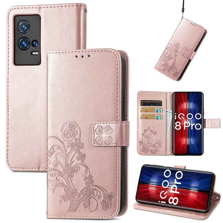 For vivo IQOO 8 Pro Four-leaf Clasp Embossed Leather Case with Lanyard & Card Slot & Wallet & Holder