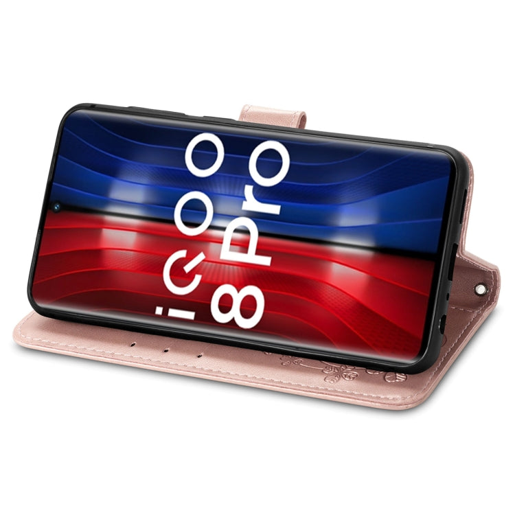 For vivo IQOO 8 Pro Four-leaf Clasp Embossed Leather Case with Lanyard & Card Slot & Wallet & Holder