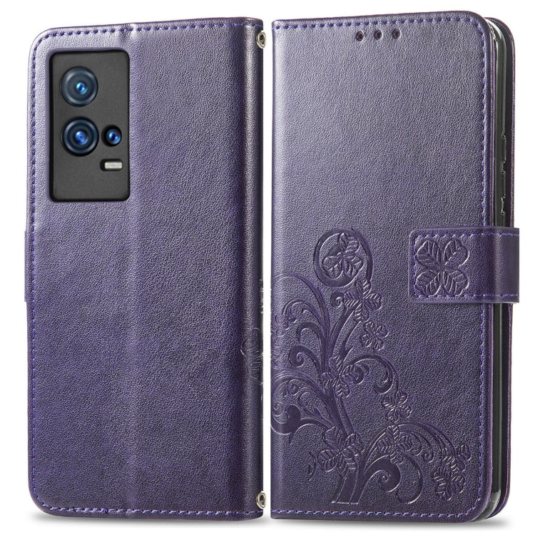 For vivo IQOO 8 Pro Four-leaf Clasp Embossed Leather Case with Lanyard & Card Slot & Wallet & Holder