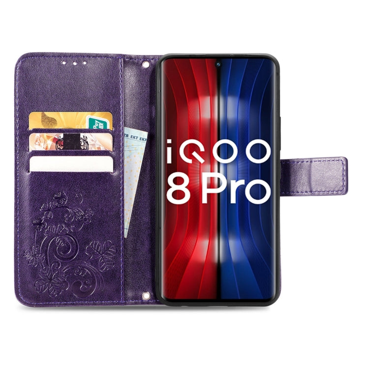 For vivo IQOO 8 Pro Four-leaf Clasp Embossed Leather Case with Lanyard & Card Slot & Wallet & Holder