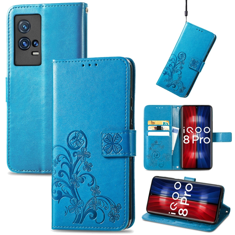 For vivo IQOO 8 Pro Four-leaf Clasp Embossed Leather Case with Lanyard & Card Slot & Wallet & Holder
