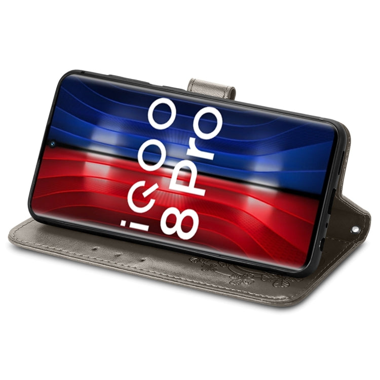 For vivo IQOO 8 Pro Four-leaf Clasp Embossed Leather Case with Lanyard & Card Slot & Wallet & Holder