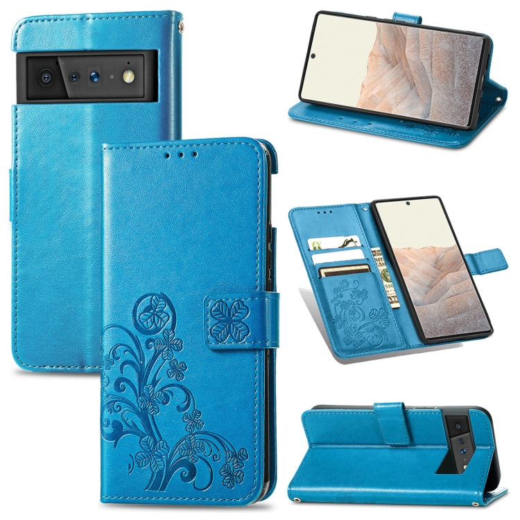 For Google Pixel 6 Four-leaf Clasp Embossed Leather Case with Lanyard & Card Slot & Wallet & Holder