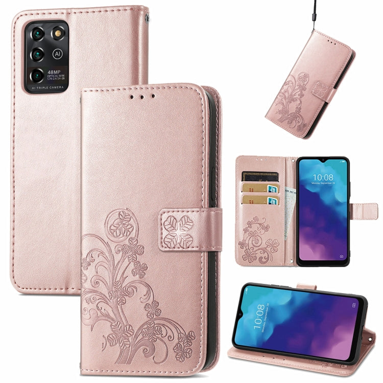 For ZTE V30 Vita Four-leaf Clasp Embossed Leather Case with Lanyard & Card Slot & Wallet & Holder