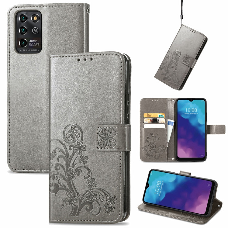 For ZTE V30 Vita Four-leaf Clasp Embossed Leather Case with Lanyard & Card Slot & Wallet & Holder