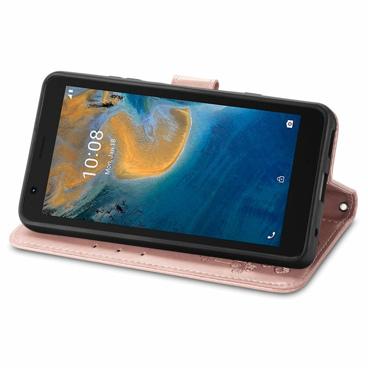 For ZTE Blade A31 Lite Four-leaf Clasp Embossed Leather Case with Lanyard & Card Slot & Wallet & Holder