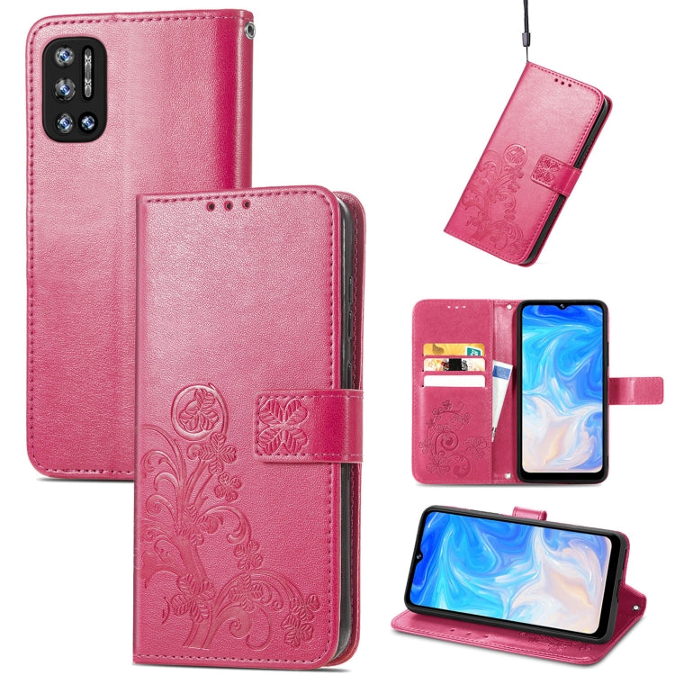 For DOOGEE N40 Pro Four-leaf Clasp Embossed Leather Case with Lanyard & Card Slot & Wallet & Holder