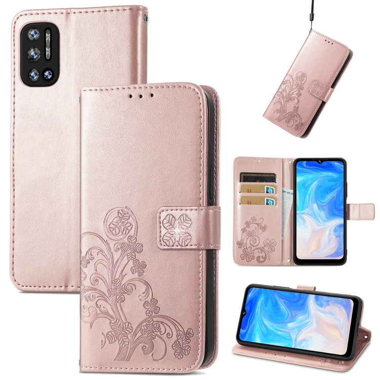 For DOOGEE N40 Pro Four-leaf Clasp Embossed Leather Case with Lanyard & Card Slot & Wallet & Holder